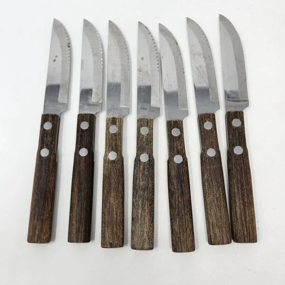 Supreme Cutlery Special Stainless Steak Knife Set of 7 Wood Handle Vintage Japan - Picture 2 of 4